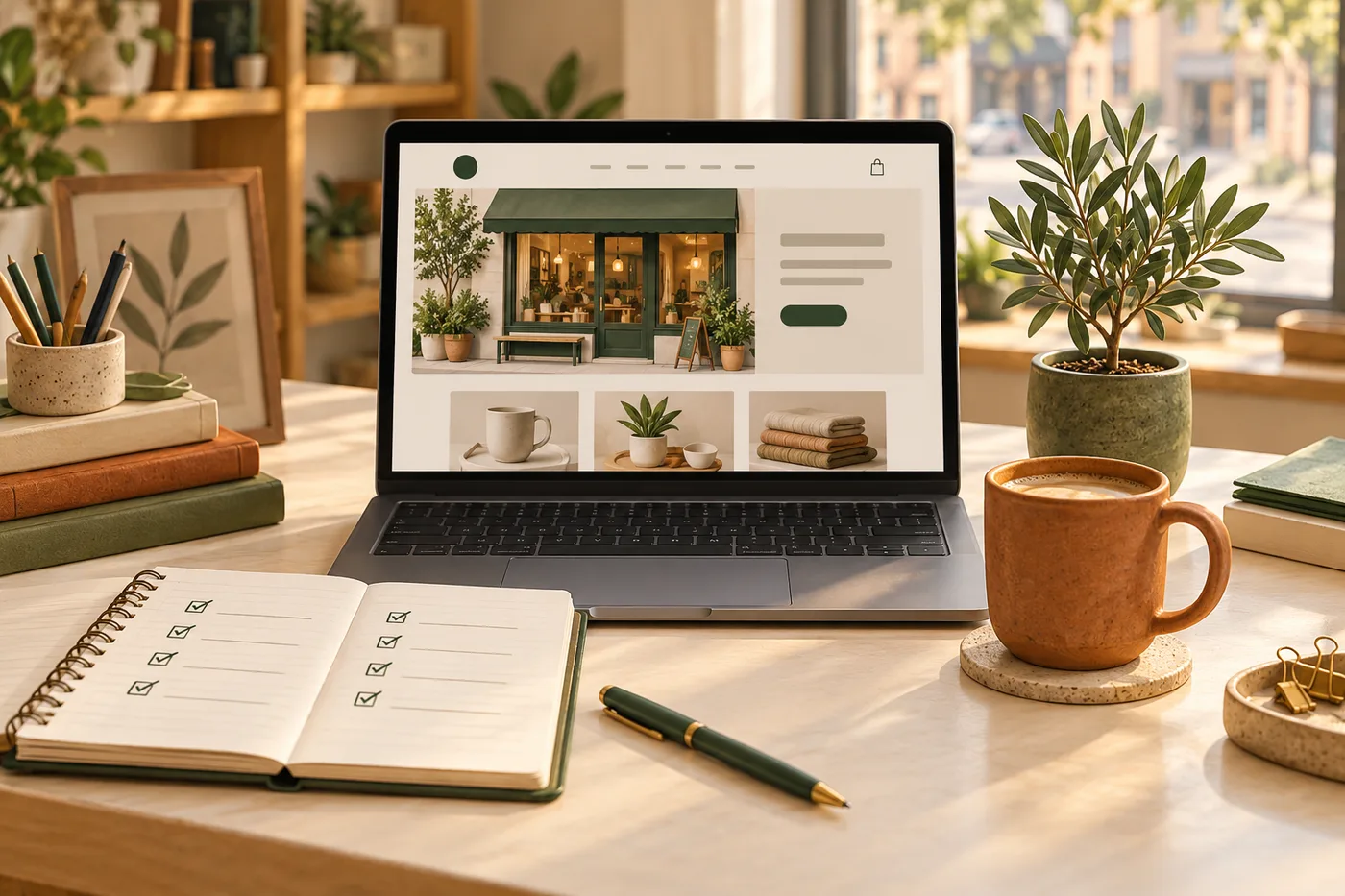 A laptop showing a shop website beside a notebook and coffee on a sunlit desk