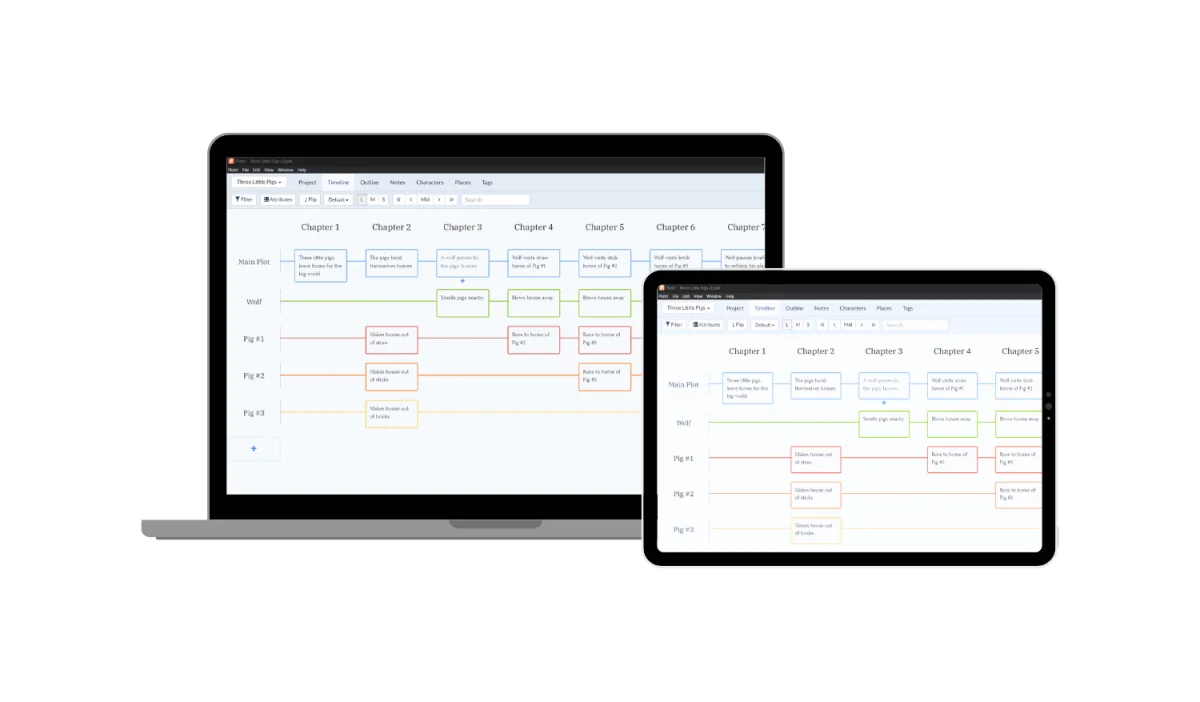 Plottr's visual timeline displayed on a desktop and tablet
