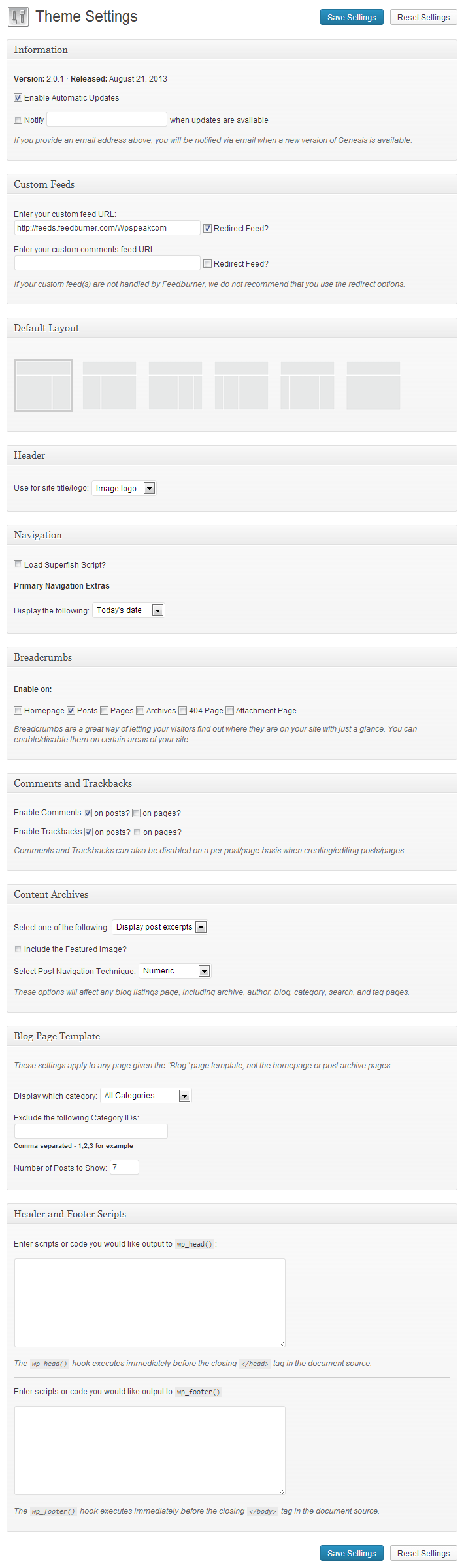 genesis framework settings page